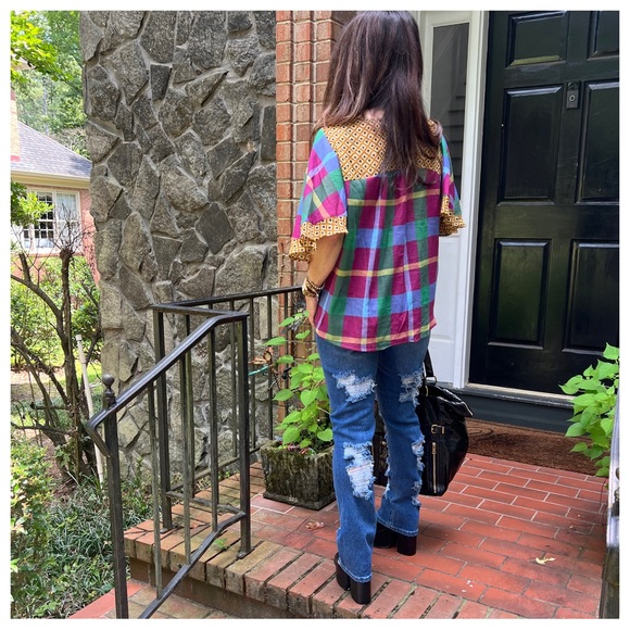 21 Boho Blue Green Purple Plaid with Gold Trim Crossover Top - Picture 9 of 10